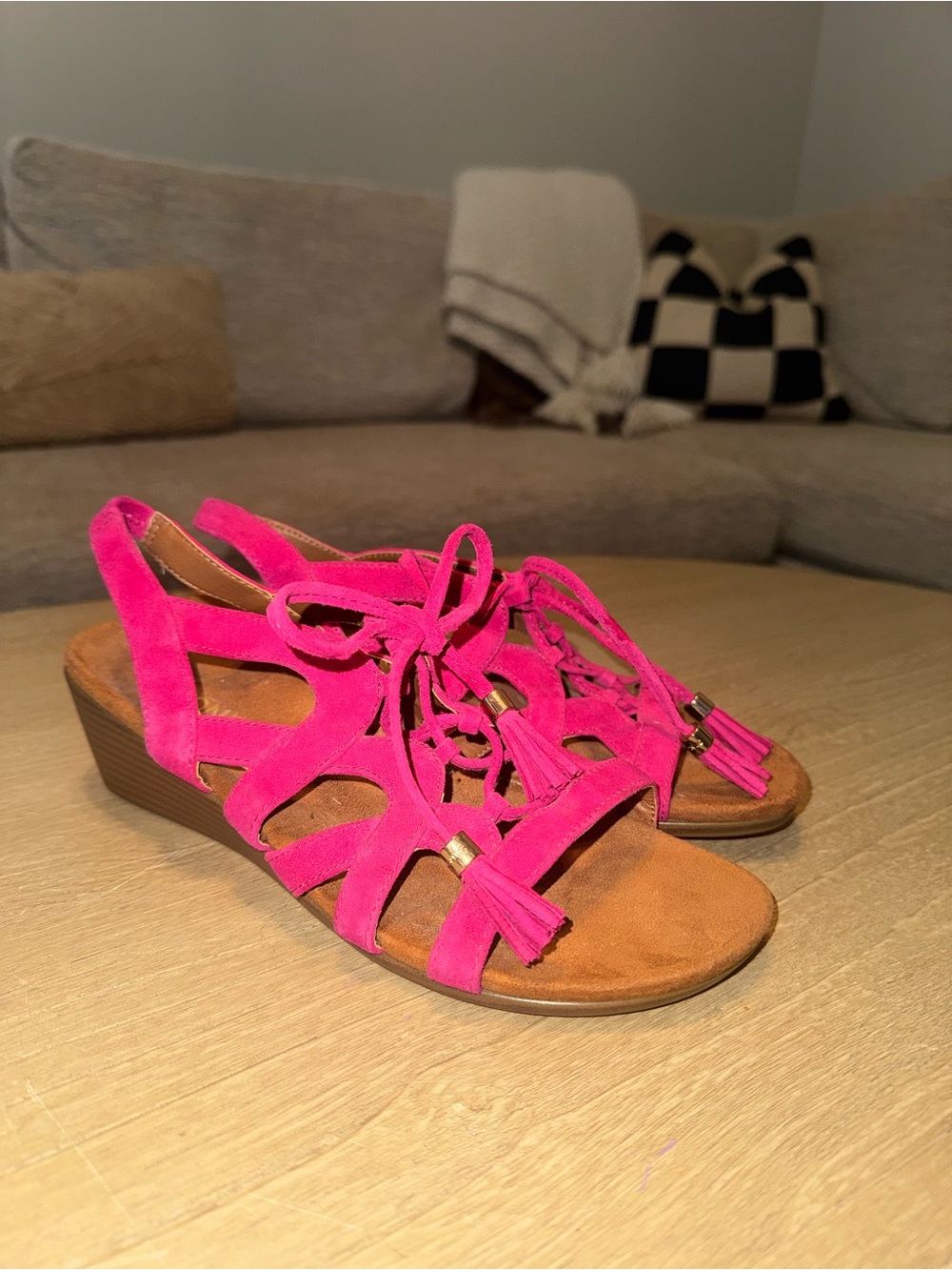 Vionic Hot Pink Suede Lace-Up Tassel Wedge Sandals
